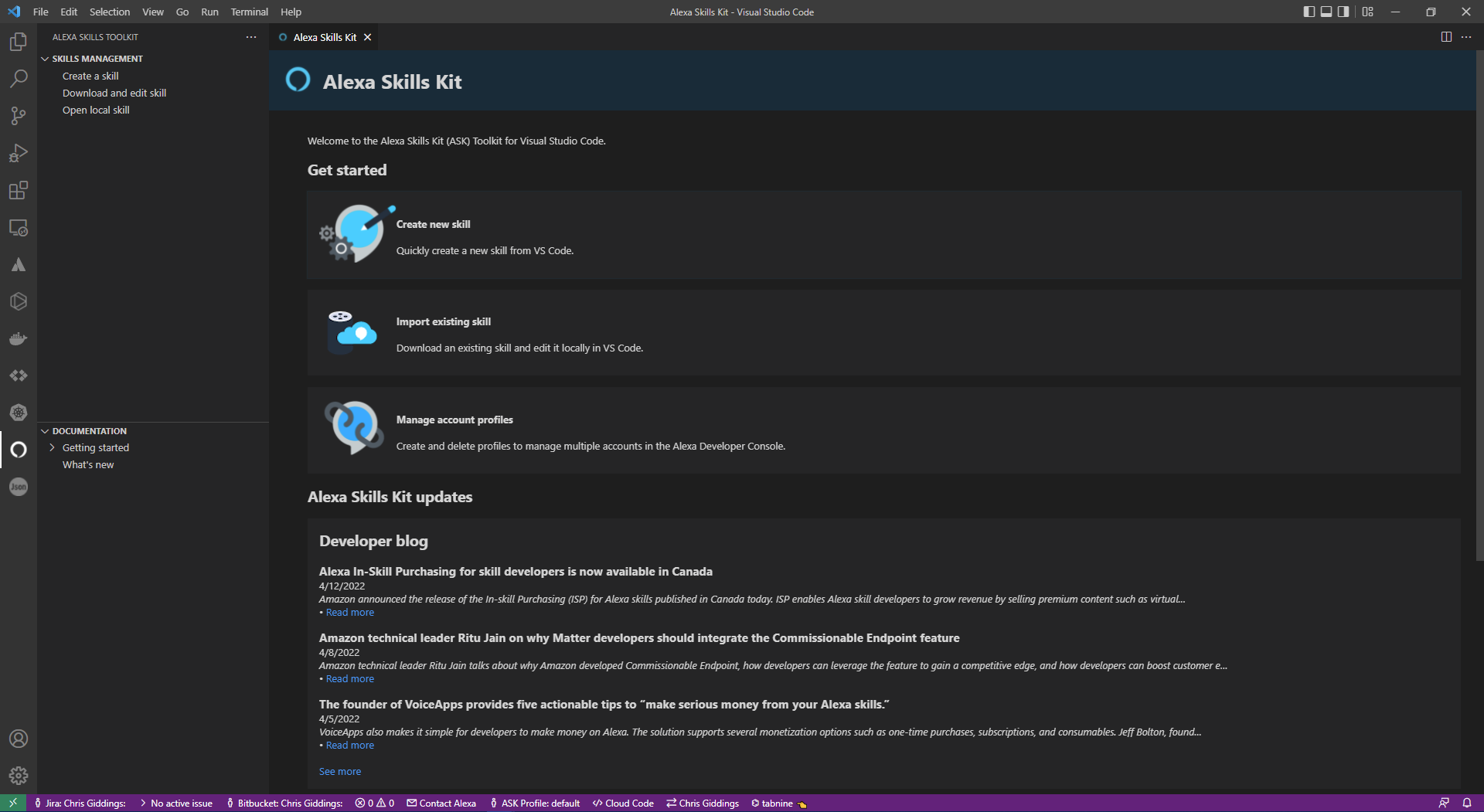 Screenshot of VS Code with the Alexa Skills Kit extension selected at the left