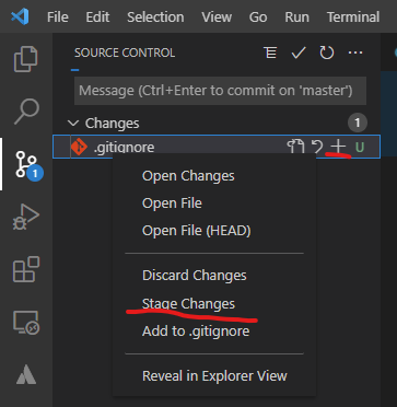A screenshot showing the options for staging changes to files