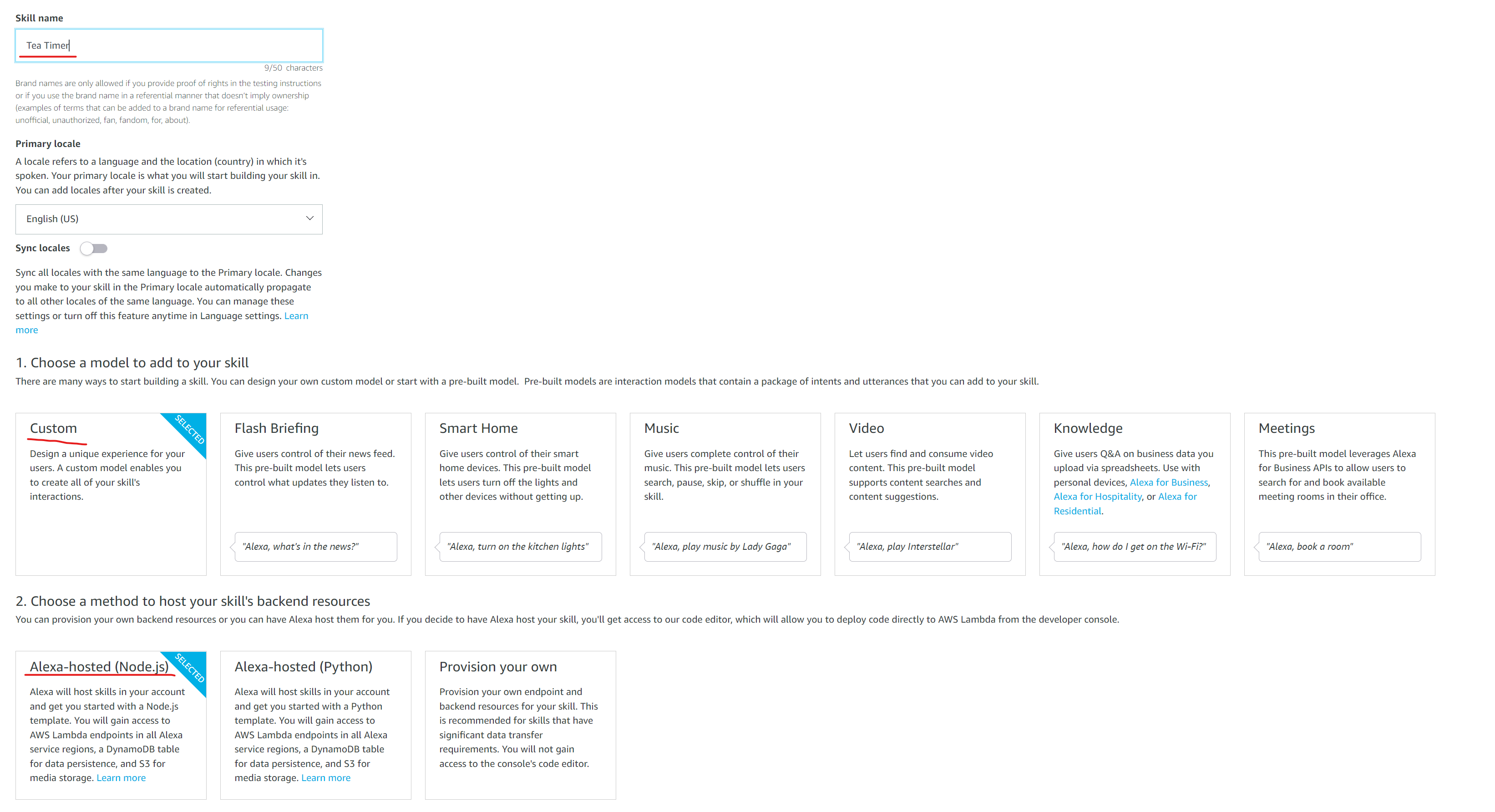 A screenshot of the configuration screen for adding a new Alexa skill, with highlights for the name field, custom model type, and Alexa-hosted Node.js backend