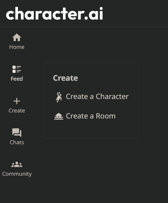 A screenshot of the Create menu in the left navigation shows the Create a Character and Create a Room sub-navigation options.