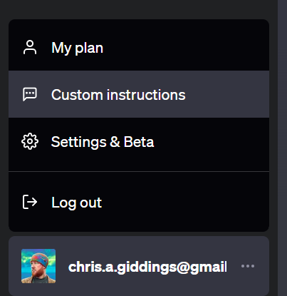 A screenshot of my user menu from the ChatGPT UI, with the Custom Instructions option highlighted.