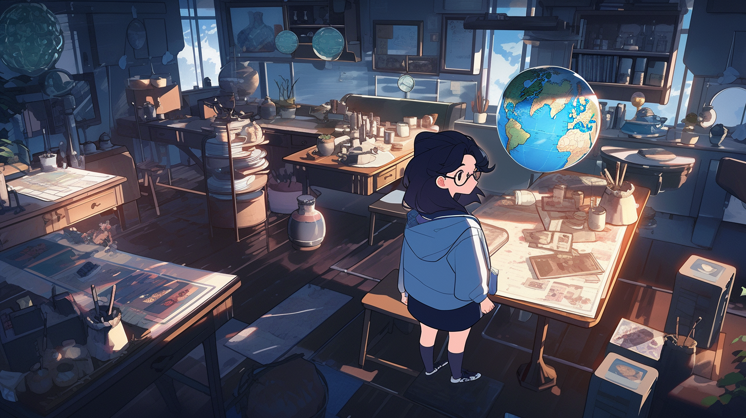 An image of Renata standing beside a table with a holographic globe, various papers, and books. Generated by MidJourney using text from this story.