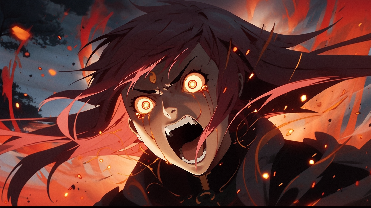 An image of Kagotsuchi raging with fire around her. Generated by MidJourney, before this story was written.
