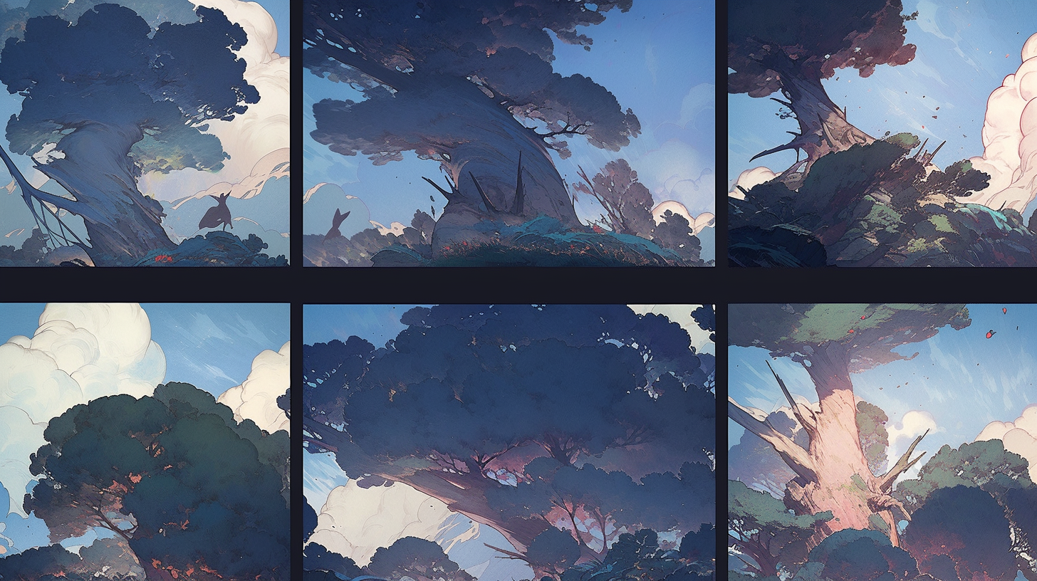 Several frames of a peaceful forest. Generated by MidJourney using words from this story.