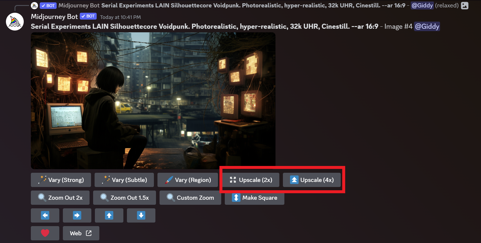 A screenshot showing the Upscale options in the Discord interface for MidJourney.