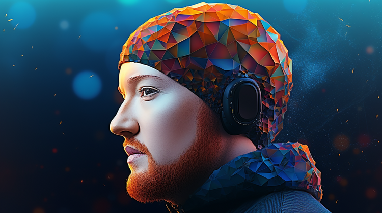An image of me wearing headphones, intentionally pixilated, generated by MidJourney.