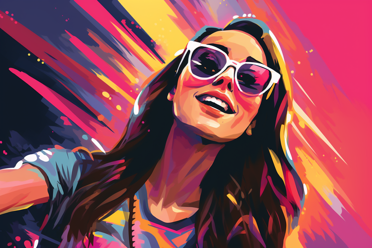 A colorful image of a young woman wearing sunglasses rendered in MidJourney.
