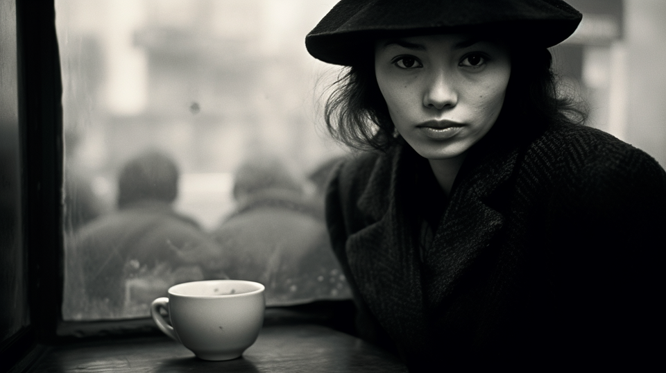 A black and white image of a Chinese-looking woman sitting in a cafe with a mug of tea. Generated by MidJourney.