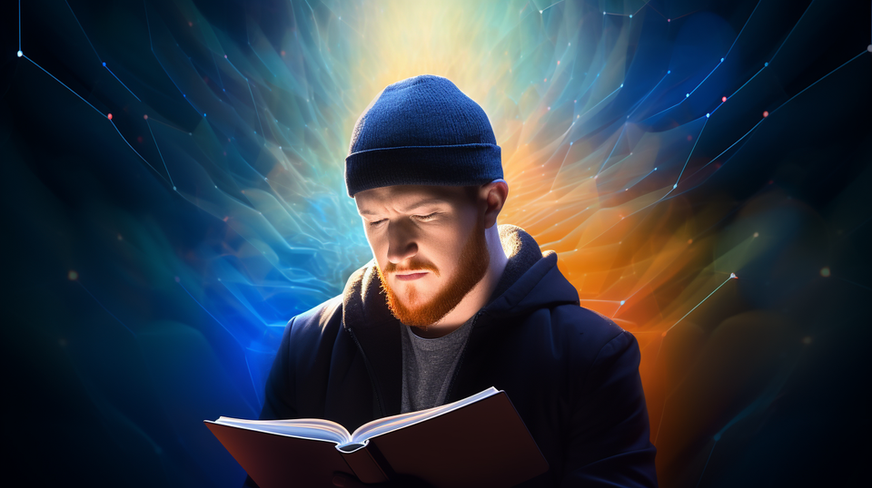 An image of me reading a book, as envisioned by MidJourney.