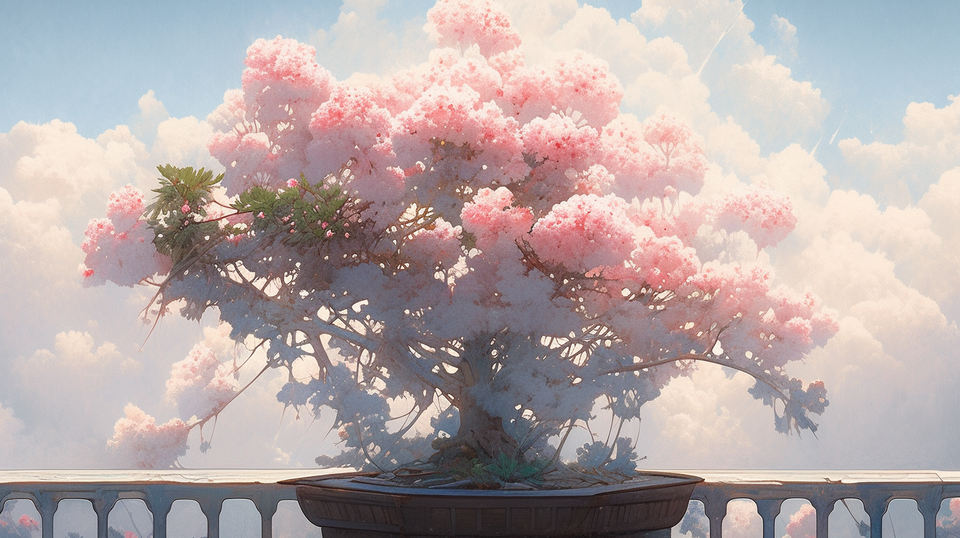 An image of a miniature sakura bonsai, generated by MidJourney using text from this story.